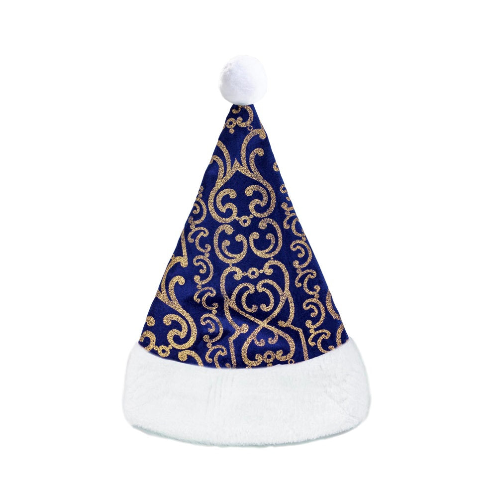 Cappello Babbo Natale blu in Velluto Decorato