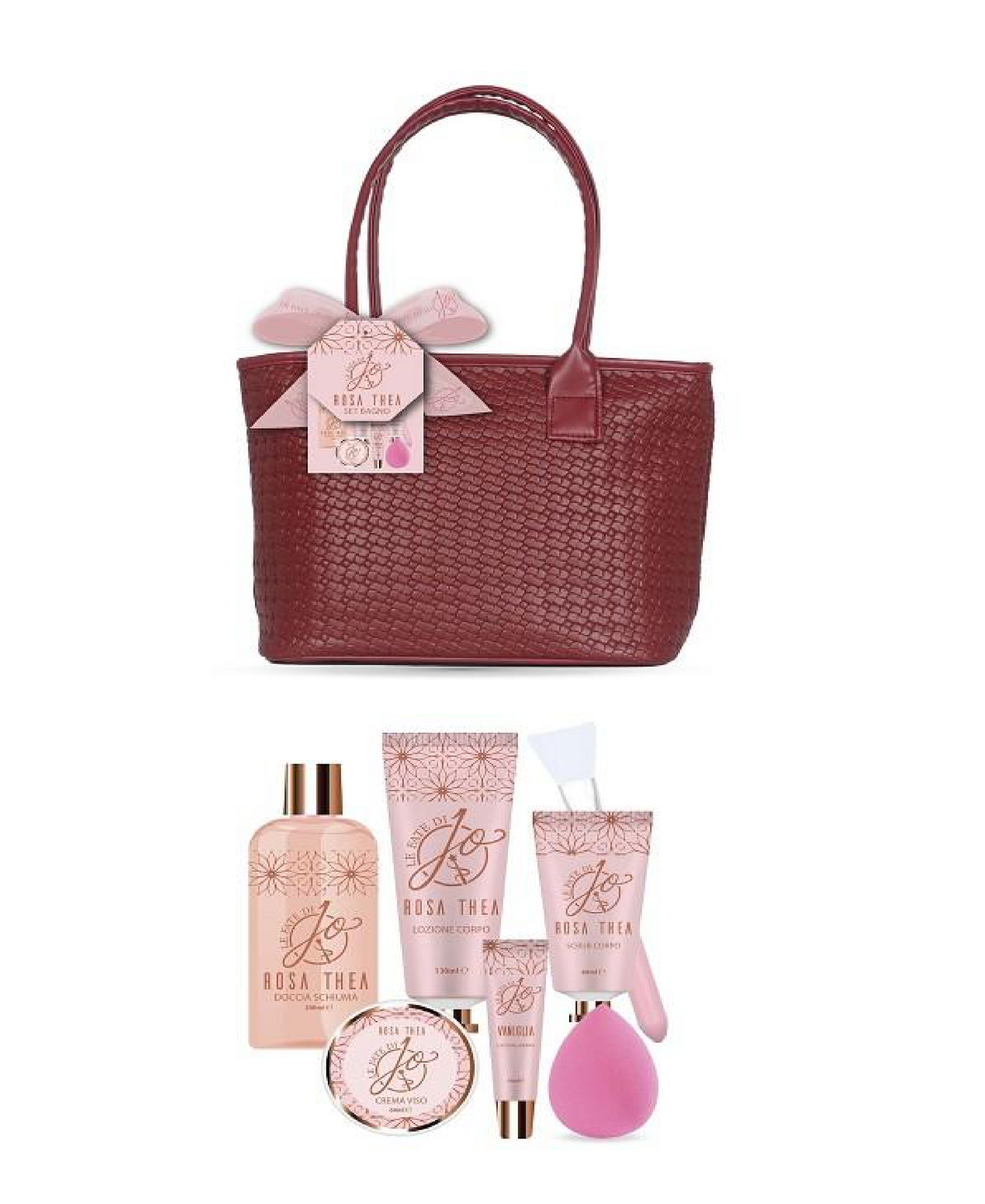Borsa in Pelle Rossa con Set Rosa Thea – Shower Gel, Bagnolatte, Scrub e Cosmetici