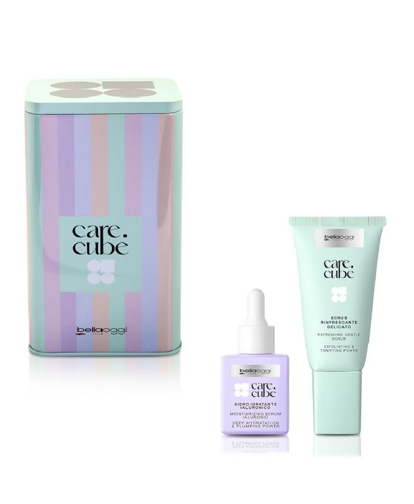 CARE CUBE Cofanetto Skincare – Scrub Rinfrescante + Siero Ialuronico