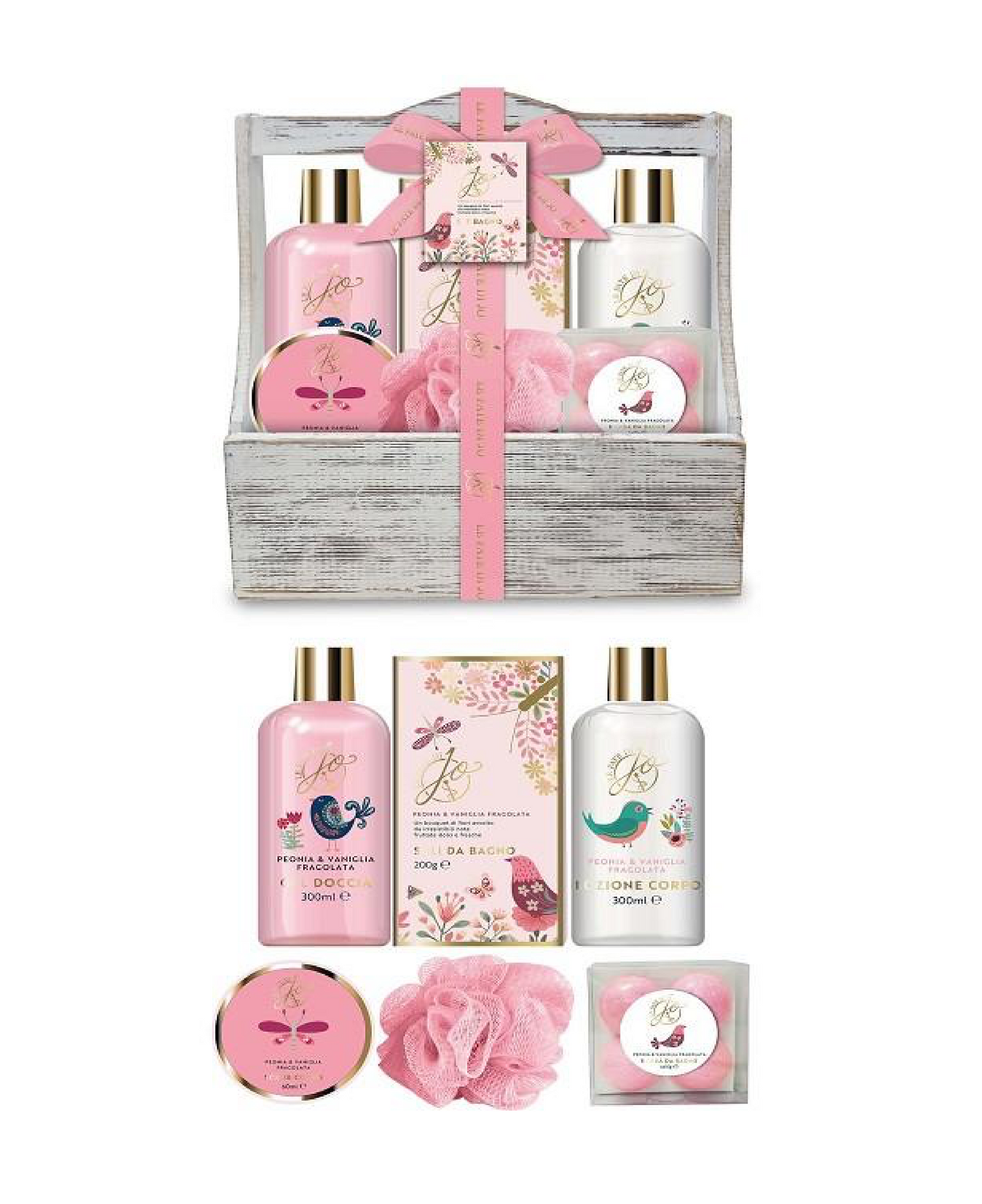 Cofanetto Benessere Peonia/Vaniglia – Scrub, Bagnoschiuma, Bagno Schiuma, Sali da Bagno, Spugna e 4 Bombe da Bagno