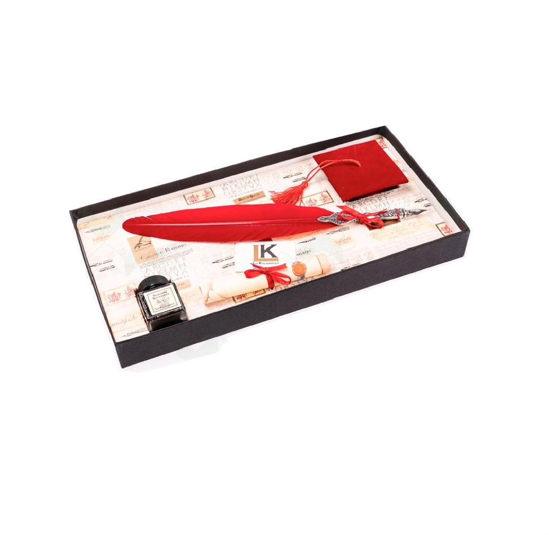 Piuma Stilografica Rosso con Inchiostro e Pergamena con Tocco