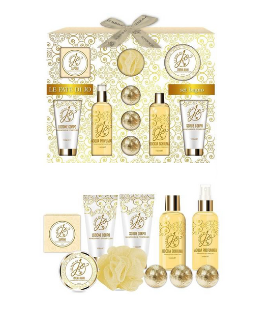 Confezione Mandarino e Pompelmo: Sapone, Crema Mani, Scrub, Bagno, Spugna e Bombe Profumate