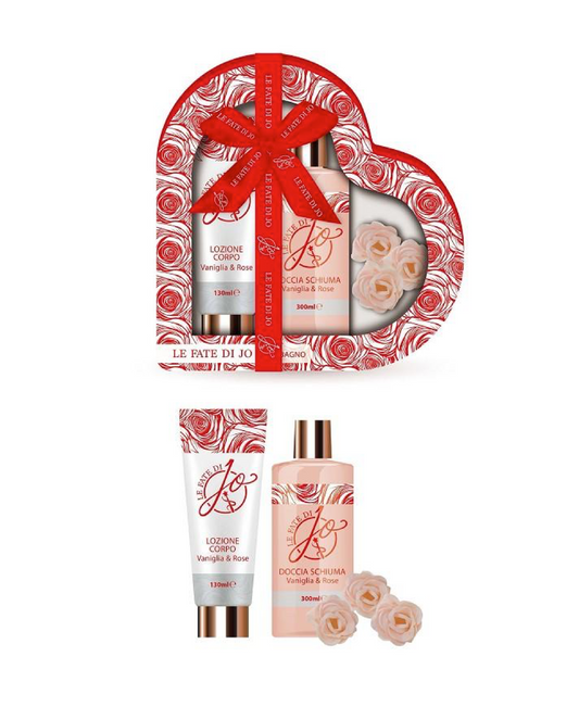 Cofanetto Rose & Vaniglia – Cofanetto cuore con shower gel, body lotion e bombe da bagno