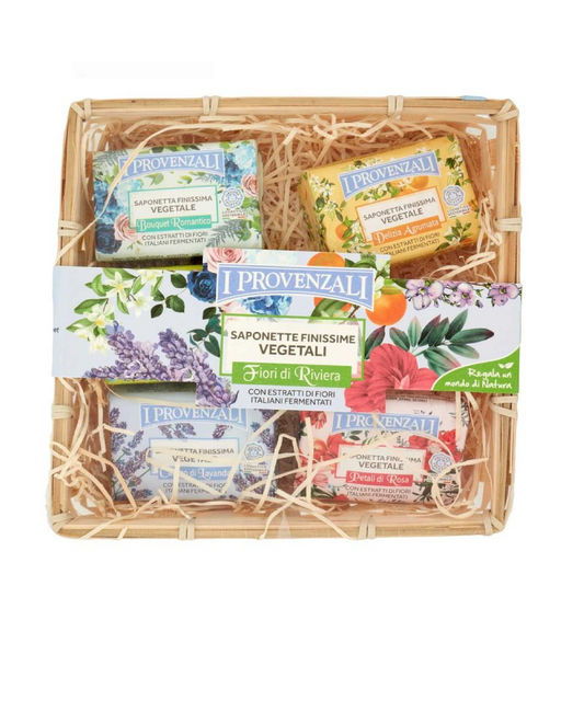 Cestino Regalo con 5 Saponette Naturali – Lavanda, Fiori, Rosa e Agrumi