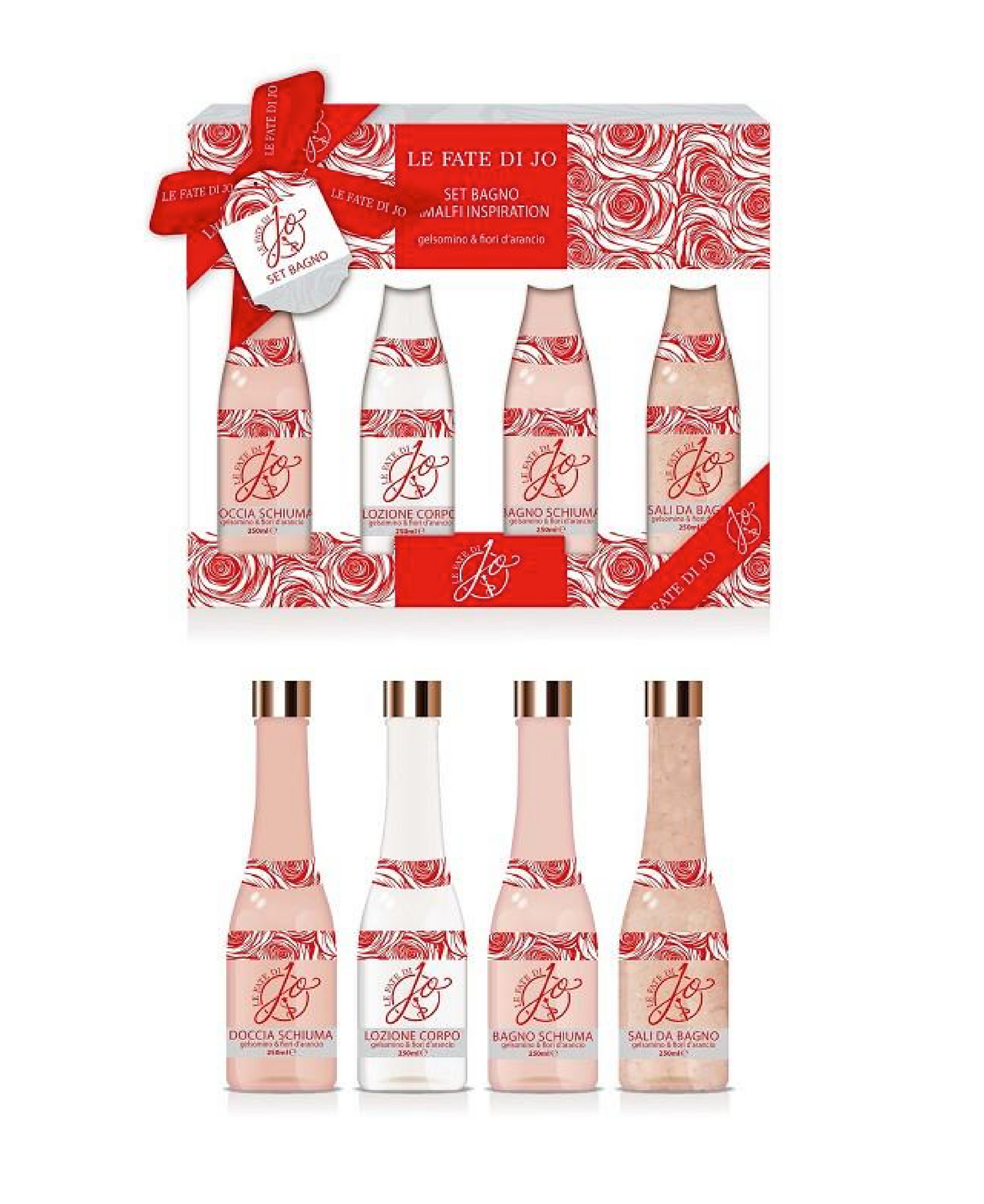 Cofanetto 4 bottiglie con shower gel, body lotion e sali da bagno