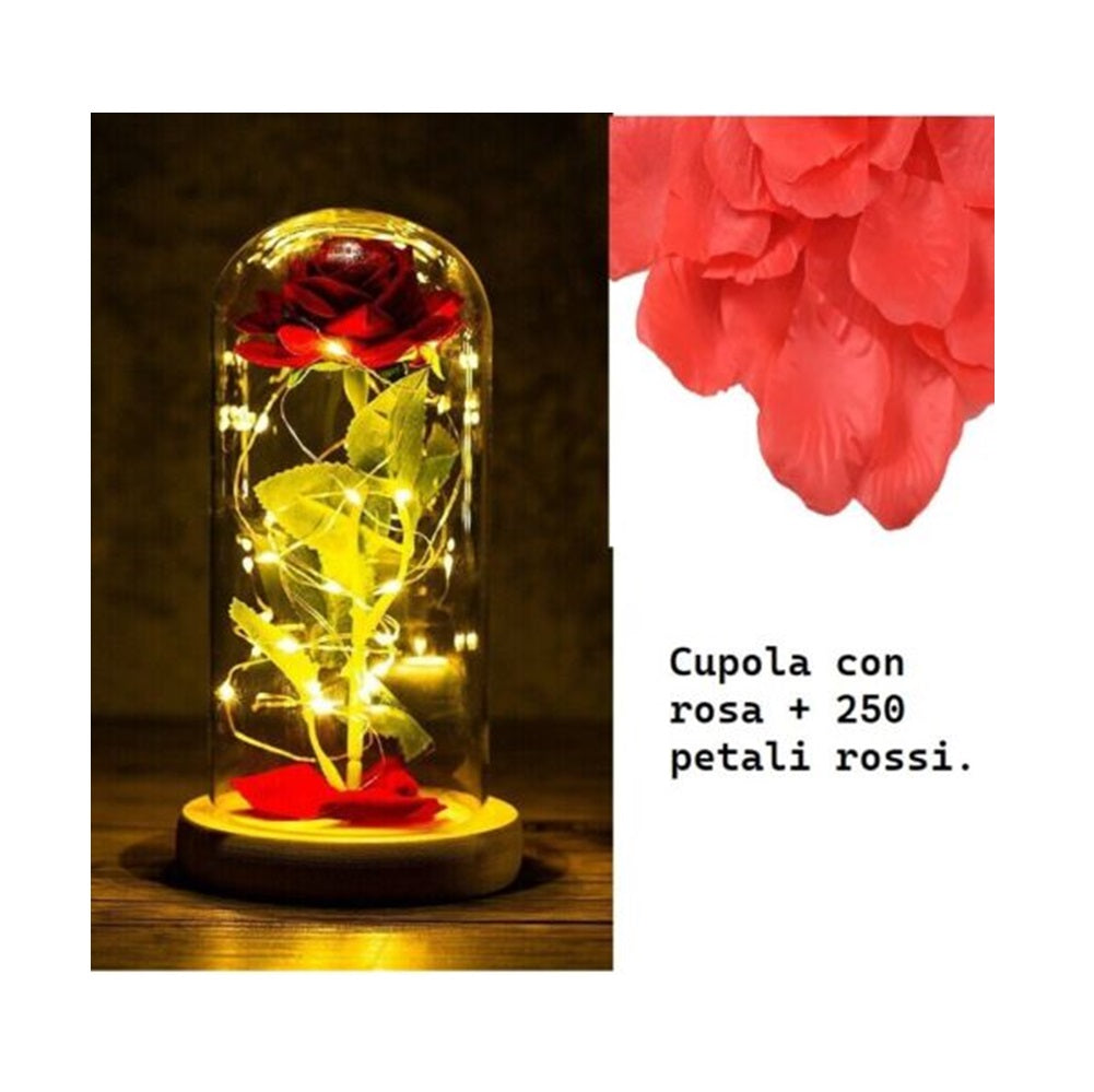 Rosa eterna in Cupola con Led candele e petali rossi