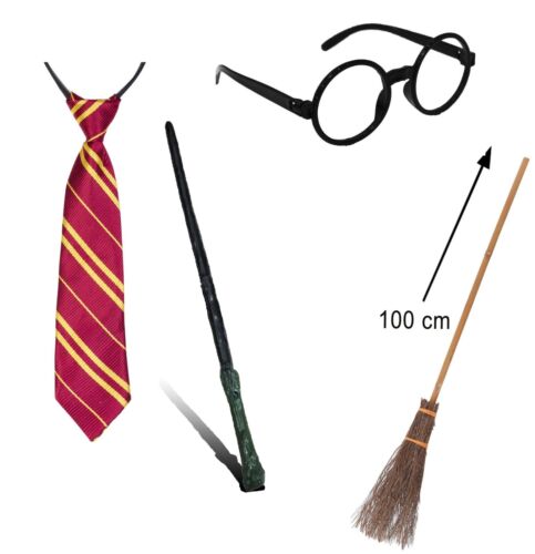 Set Costume Harry Potter Cravatta Bacchetta Occhiali Scopa mago strega