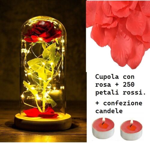 Rosa eterna in Cupola con Led candele e petali rossi