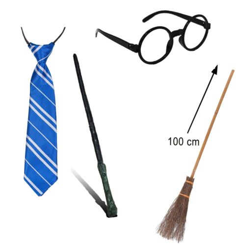 Set Costume Harry Potter Cravatta Bacchetta Occhiali Scopa mago strega